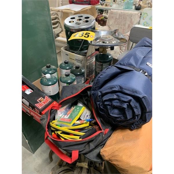 TENT, SLEEPING MATT, FIRE EXTINGUISHER, 5 PROPANE CANNISTERS, COLEMAN HEATER & COLEMAN BURNER