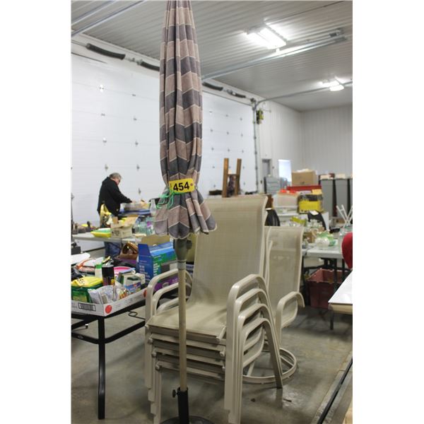 PATIO UMBRELLA, 5 PATIO CHAIRS AND PATIO TABLE