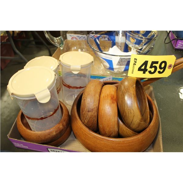 WOODEN SALAD BOWL SET C/W 6 BOWLS & WOODEN SPOONS, 3 PLATIC CONTAINER & LIDS