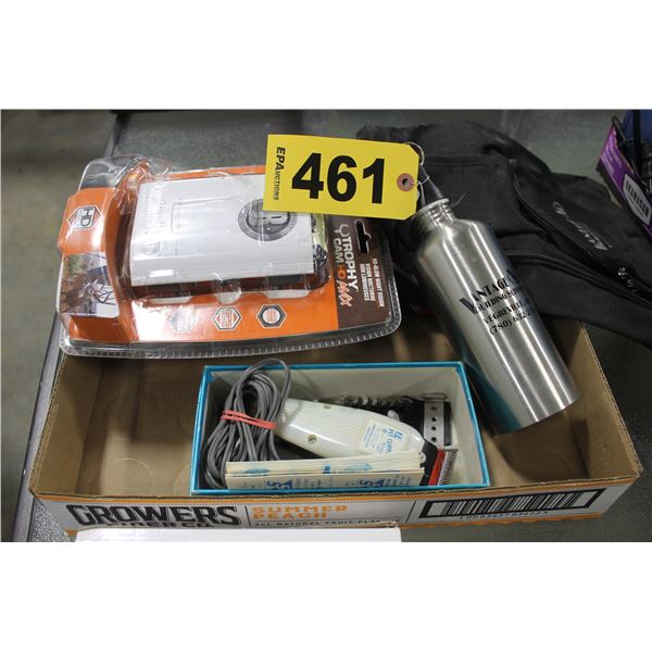 TRAIL CAM, DET CLIPPERS, WATER BOTTLE, BAG