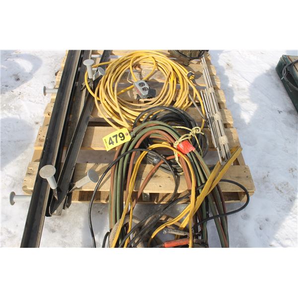 PALLET OF MISCELLANEOUS CORDS, BOOSTER CABLES, BED FRAMES, READY ROD, BUTTING TORCH HOSE, SUBMISABLE