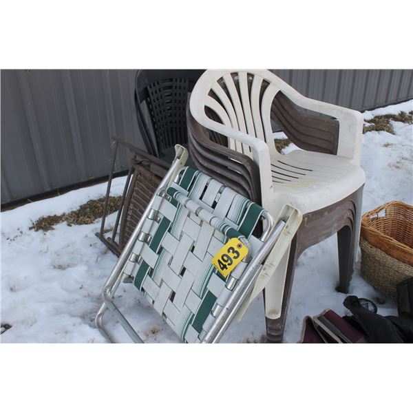 8 FOLDING CHAIRS, 7 PLASTIC PATIO CHAIS, 2 BASKETS,ETC
