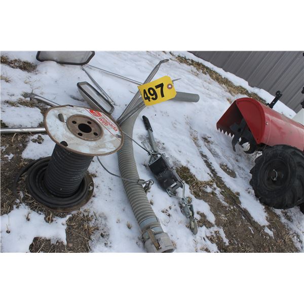 2 TRUCK MIRRORS, SPOOL OF WIRE, HOSE WITH 2" CONNECTOR & CABLE, COME-ALONG