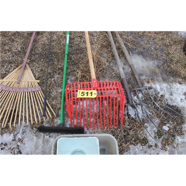3 FORKS, RAKE, BRUSH & WHIP, SALT BLOCK & CONTAINER