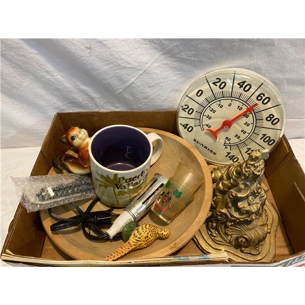 flat of collectibles, wood bowl, thermometer