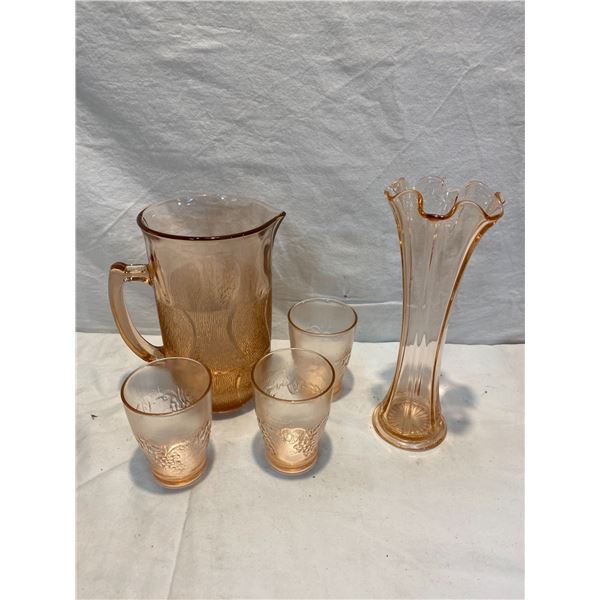 pink pitcher , 3 glasses and vase