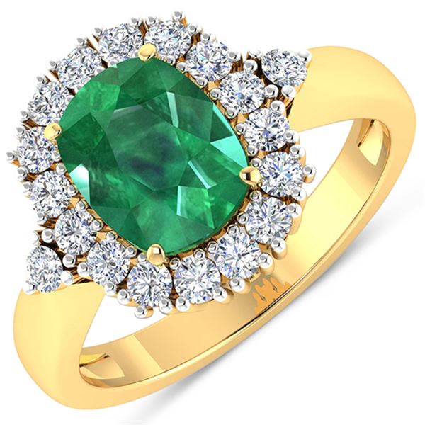 Natural 2.39 CTW Zambian Emerald & Diamond Ring 14K Yellow Gold - REF-112R3F