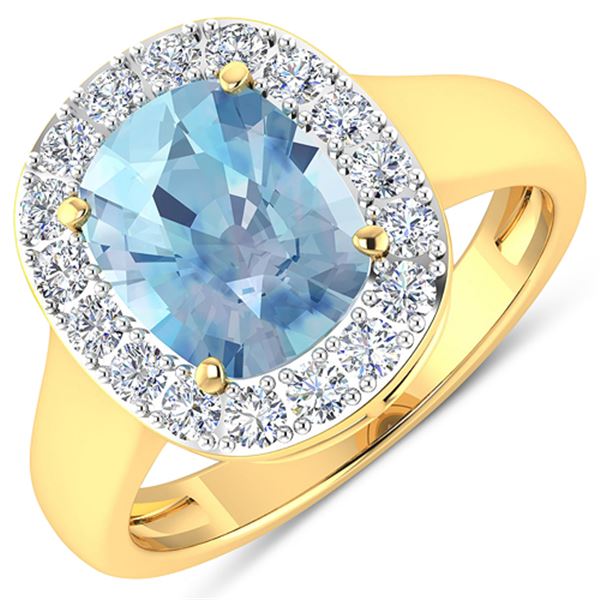 Natural 3.51 CTW Aquamarine & Diamond Ring 14K Yellow Gold - REF-96M3T