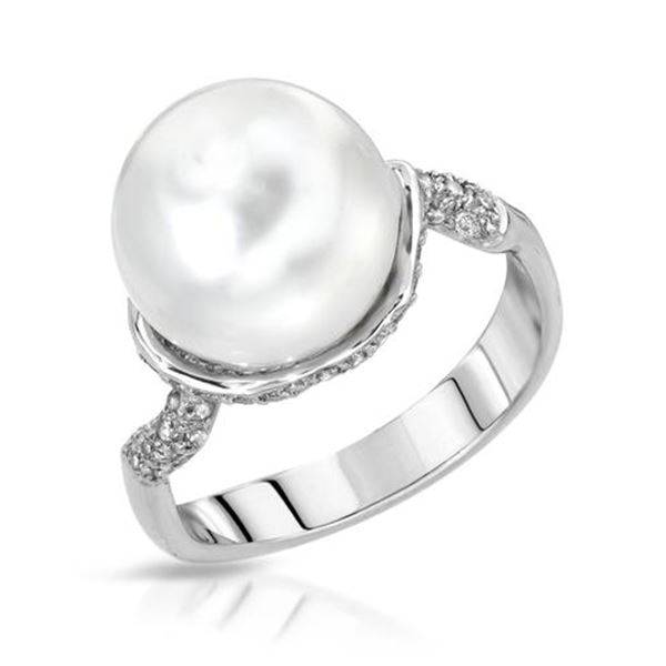 Natural 10.50 CTW Pearl & Diamond Ring 14K White Gold - REF-62K3R