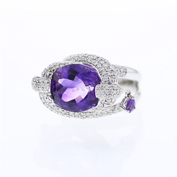 Natural 10.15 CTW Amethyst & Diamond Ring 18K White Gold - REF-230F4M