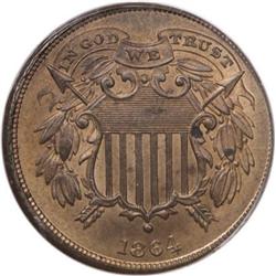 1864 2C Small Motto MS64 Red and Brown PCGS
