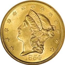 1854 $20 Small Date MS64 NGC