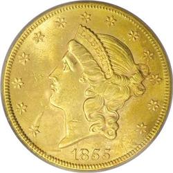 1855-S $20 S Tilted Right MS62 PCGS