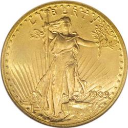 1909-D $20 MS65 NGC. Lovely peach and lime hues confir