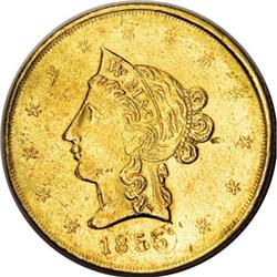 1855 $10 Wass Molitor MS60 Rim Filed, Cleaned