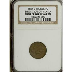 1864 1C Indian Cent, L on Ribbon--Struck 20%