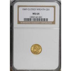 1849 G$1 Closed Wreath MS64 NGC
