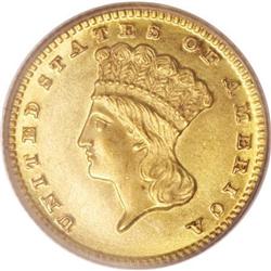 1870 G$1 MS60 PCGS. The faintly prooflike surfaces rev