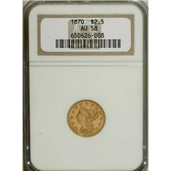 1870 $2 1/2 AU58 NGC. The 1870 quarter eagle is a scar