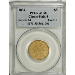 1834 $5 Plain 4 AU50 PCGS