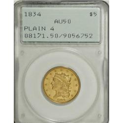 1834 $5 Plain 4 AU50 PCGS