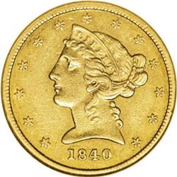 1840 $5 Narrow Mill AU55 NGC