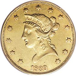 1839 $10 Type of 1838, Large Letters AU53 PCGS