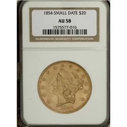 1854 $20 Small Date AU58 NGC