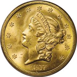 1857-S $20 Narrow Serif MS64 PCGS