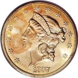 1857-S $20 Bold 7, Faint S MS64 PCGS