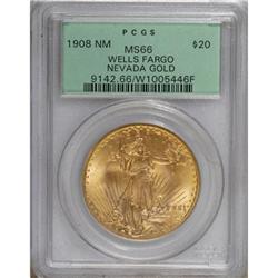 1908 $20 No Motto, Wells Fargo Nevada MS66 PCGS