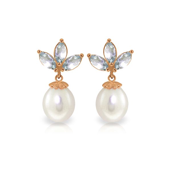 Genuine 9.5 ctw Aquamarine & Pearl Earrings 14KT Rose Gold - REF-32R9P