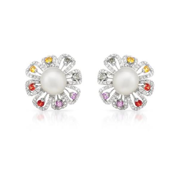 Natural 25.5 CTW Pearl & Diamond Earrings 14K White Gold - REF-314N3Y