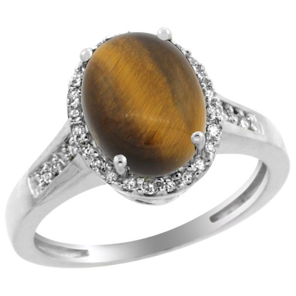 2.60 CTW Tiger Eye & Diamond Ring 14K White Gold - REF-52Y7V
