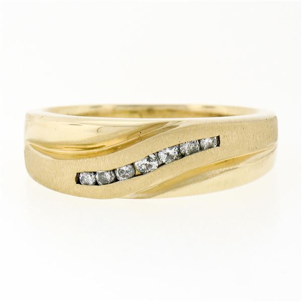 Mens 14k Yellow Gold .18 ctw Round Diamond Wavy Channel Matte & Polished Band Ri
