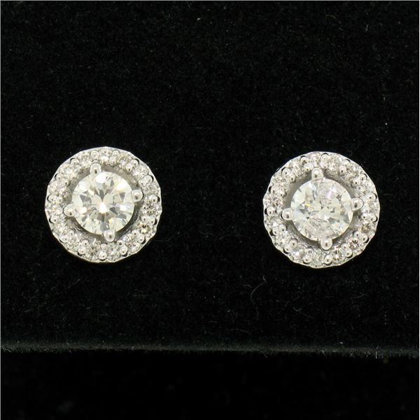 NEW 14k White Gold 1.06 ctw Round Brilliant Diamond Stud Earrings w/ Pave Halos