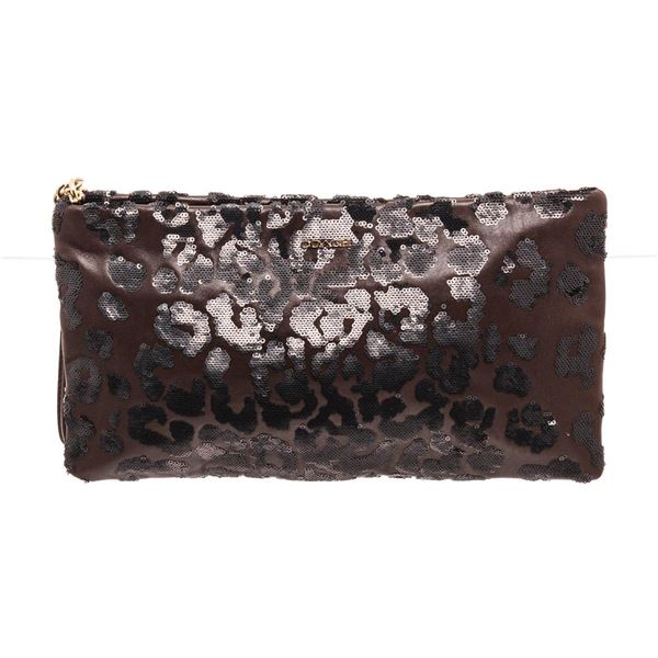 Coach Brown Sequin Ocelot Leather Madison Zip Clutch