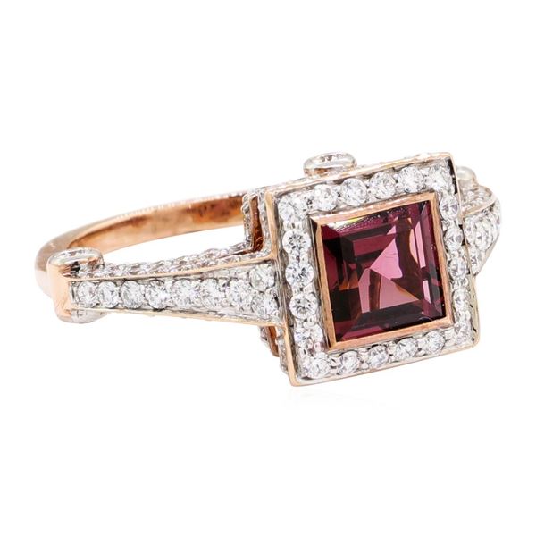 2.56 ctw Square Step Rhodolite Garnet And Round Brilliant Cut Diamond Ring - 18K