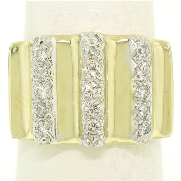 Italian 14K Solid Yellow Gold .35 ctw G VS Diamond Vertical Grooved Wide Band Ri