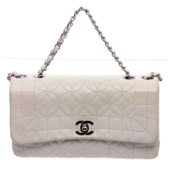 Chanel White Stitched Leather Single Flap Bag
