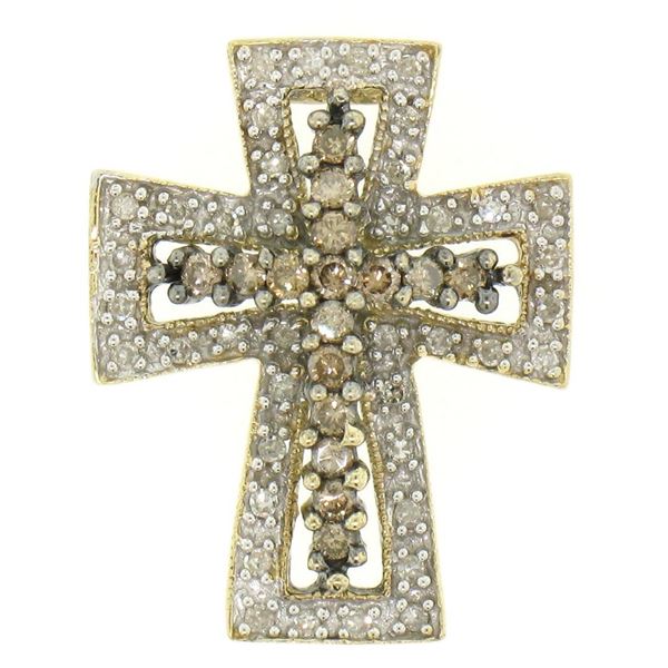 14k Two Tone Gold 1.00 ctw Champagne & White Diamond Petite Cross Slide Pendant