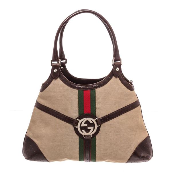 Gucci Beige Canvas Brown Leather Interlocking Shoulder Bag