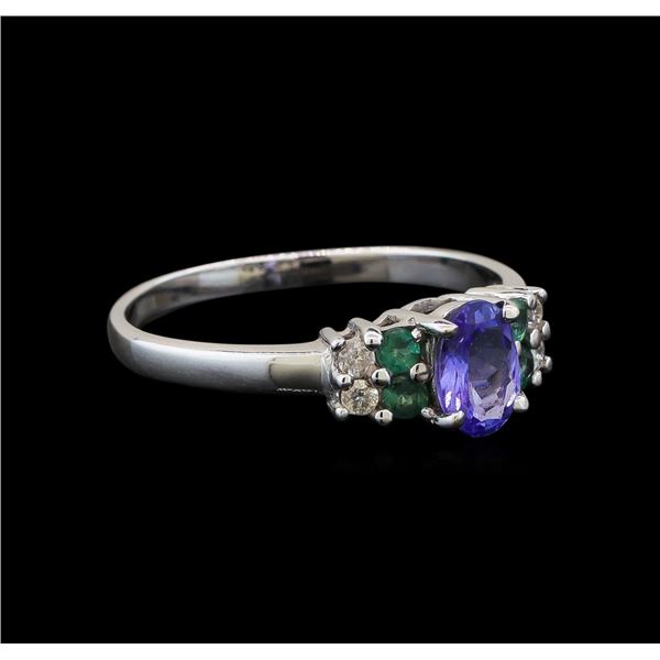 14KT White Gold 0.59 ctw Tanzanite, Emerald and Diamond Ring