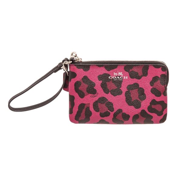 Coach Pink Ocelot Coated Canvas Corner Zip Wristlet