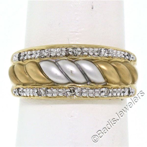 14kt Yellow and White Gold Dual Row Diamond and Matte Ribbed Dome Band Ring