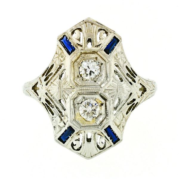 Art Deco 18kt White Gold Euro Cut Diamond & Sapphire Filigree Dinner Ring