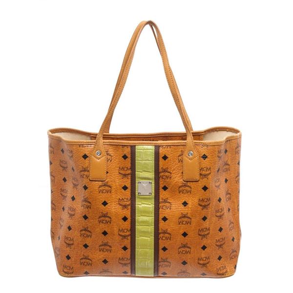 MCM Cognac Coated Canvas Shopper Tote Bag