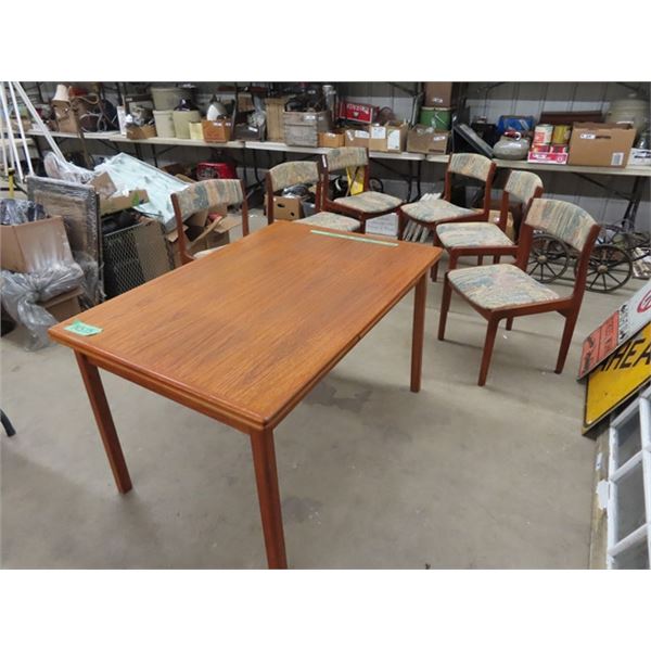 Teak Table w Pullout End Leafs & 6 Chairs 33" x 49" Plus 2 Leaves 18" Each