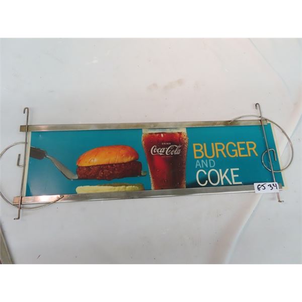 1965 Plastic Cafe Coca Cola Sign w Metal Frame 8" x 24"