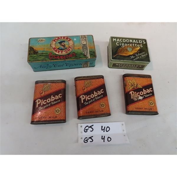 5 Tobacco Tins- 3 Picobac Pocket Tins 10 Cents 1 McDonalds,  & 1 Players